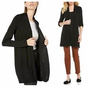 Elie Tahari black merino wool cardigan, roll front with front seam detail